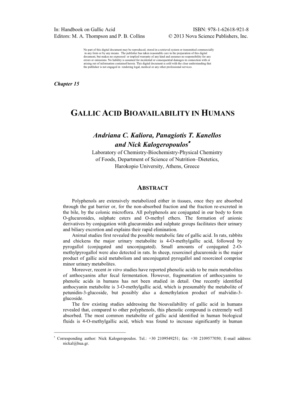 Gallic Acid Bioavailability in Humans