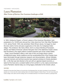 Laura Plantation Mute Victims of Katrina: Four Louisiana Landscapes at Risk