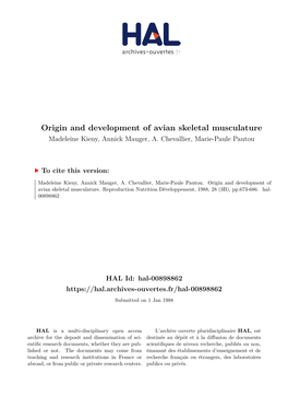 Origin and Development of Avian Skeletal Musculature Madeleine Kieny, Annick Mauger, A