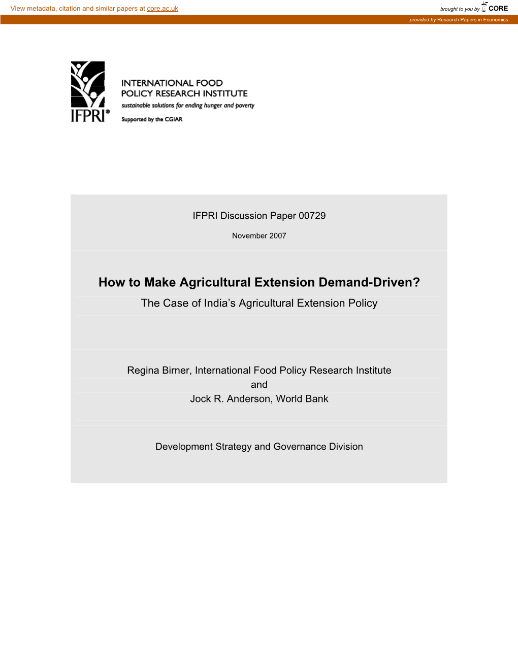 How to Make Agricultural Extension Demand-Driven? the Case of India’S Agricultural Extension Policy