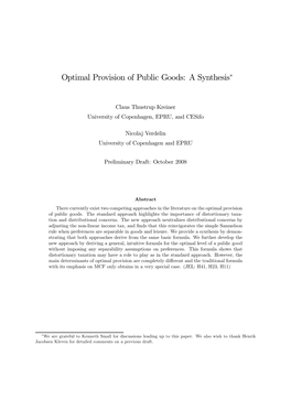 Optimal Provision of Public Goods: a Synthesis∗