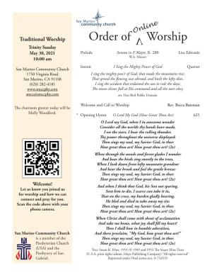 Order of Worship Trinity Sunday May 30, 2021 Prelude Sonata in F Major, K