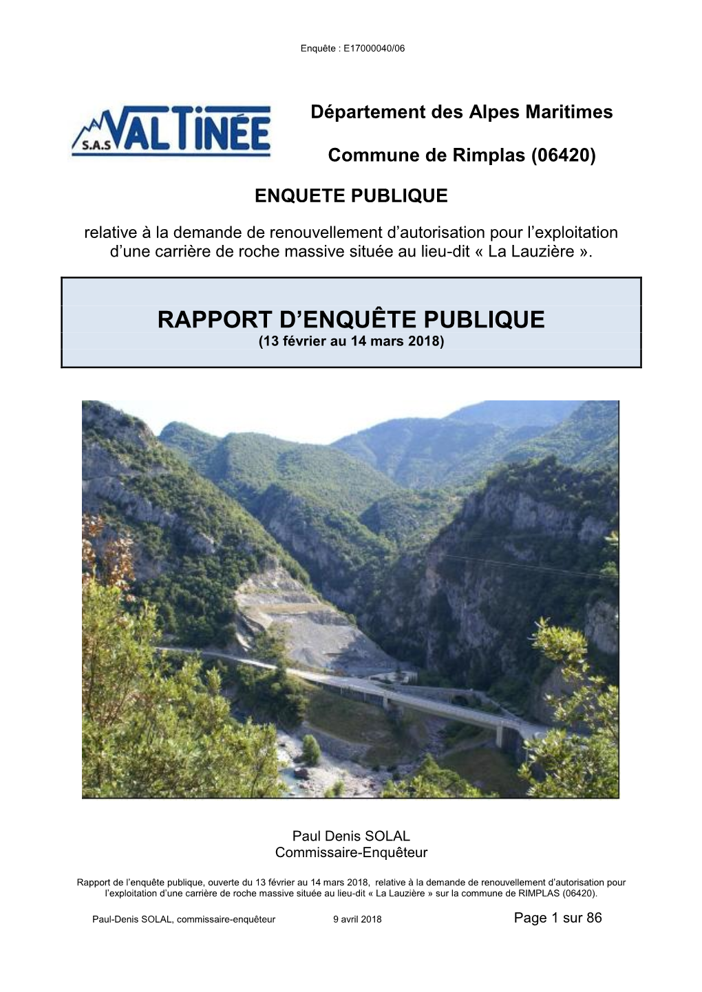 RAPPORT D’ENQUÊTE PUBLIQUE (13 Février Au 14 Mars 2018)