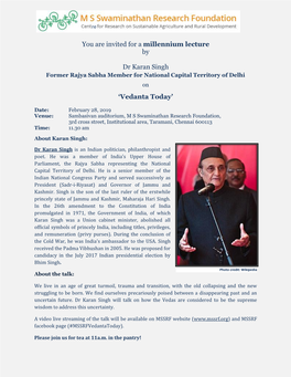 You Are Invited for a Millennium Lecture by Dr Karan Singh 'Vedanta