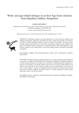 And Age-Related Changes in an Iron Age Horse Skeleton from Danebury Hillfort, Hampshire