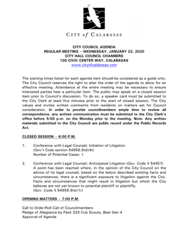 City Council Agenda Regular Meeting – Wednesday, January 22, 2020 City Hall Council Chambers 100 Civic Center Way, Calabasas
