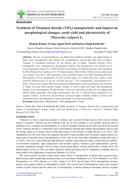 Synthesis of Titanium Dioxide (Tio2) Nanoparticles and Impact on Morphological Changes, Seeds Yield and Phytotoxicity of Phaseolus Vulgaris L