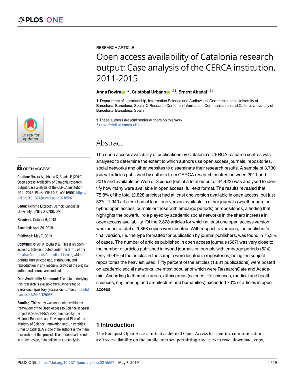 Open Access Availability of Catalonia Research Output: Case Analysis of the CERCA Institution, 2011-2015