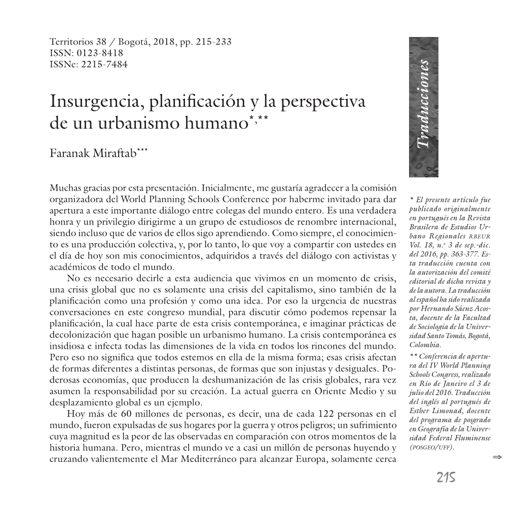 Insurgencia, Planificación Y La Perspectiva De Un Urbanismo Humano*,**