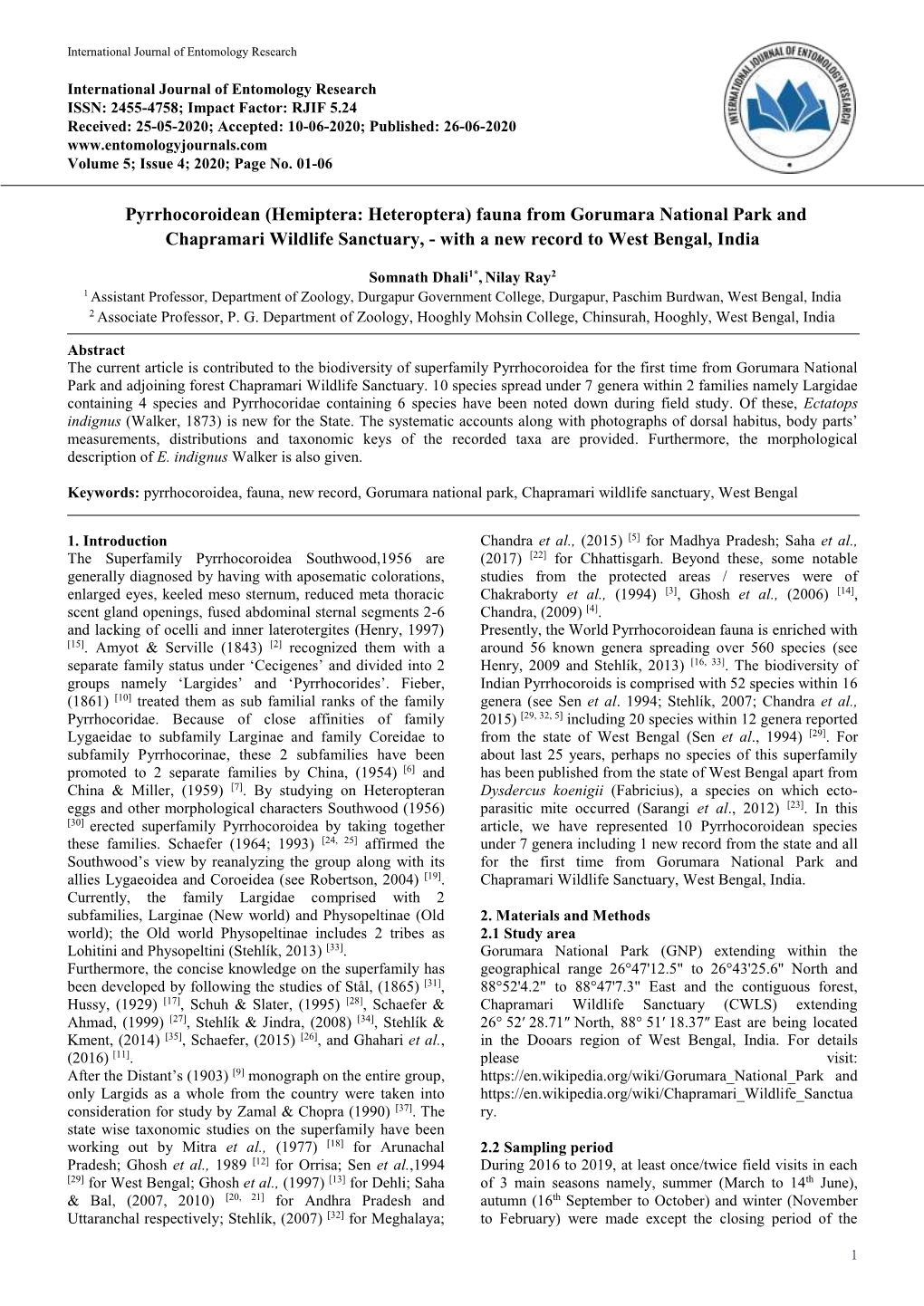 Hemiptera: Heteroptera) Fauna from Gorumara National Park and Chapramari Wildlife Sanctuary, - with a New Record to West Bengal, India