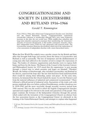 CONGREGATIONALISM and SOCIETY in LEICESTERSHIRE and RUTLAND 1916–1966 Gerald T