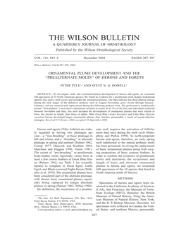 THE WILSON BULLETIN a QUARTERLY JOURNAL of ORNITHOLOGY Published by the Wilson Ornithological Society