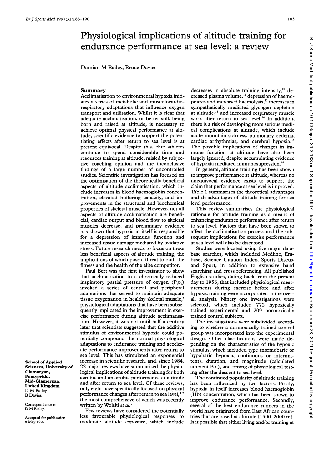 Physiological Implications of Altitude Training for Endurance Performance