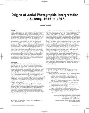 Origins of Aerial Photographic Interpretation, U.S. Army, 1916 to 1918