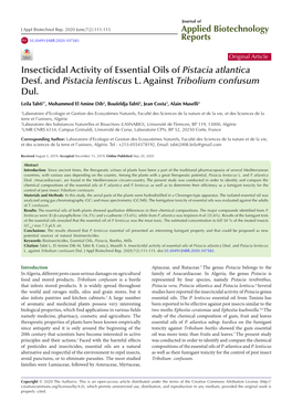 Insecticidal Activity of Essential Oils of Pistacia Atlantica Desf. and Pistacia Lentiscus L