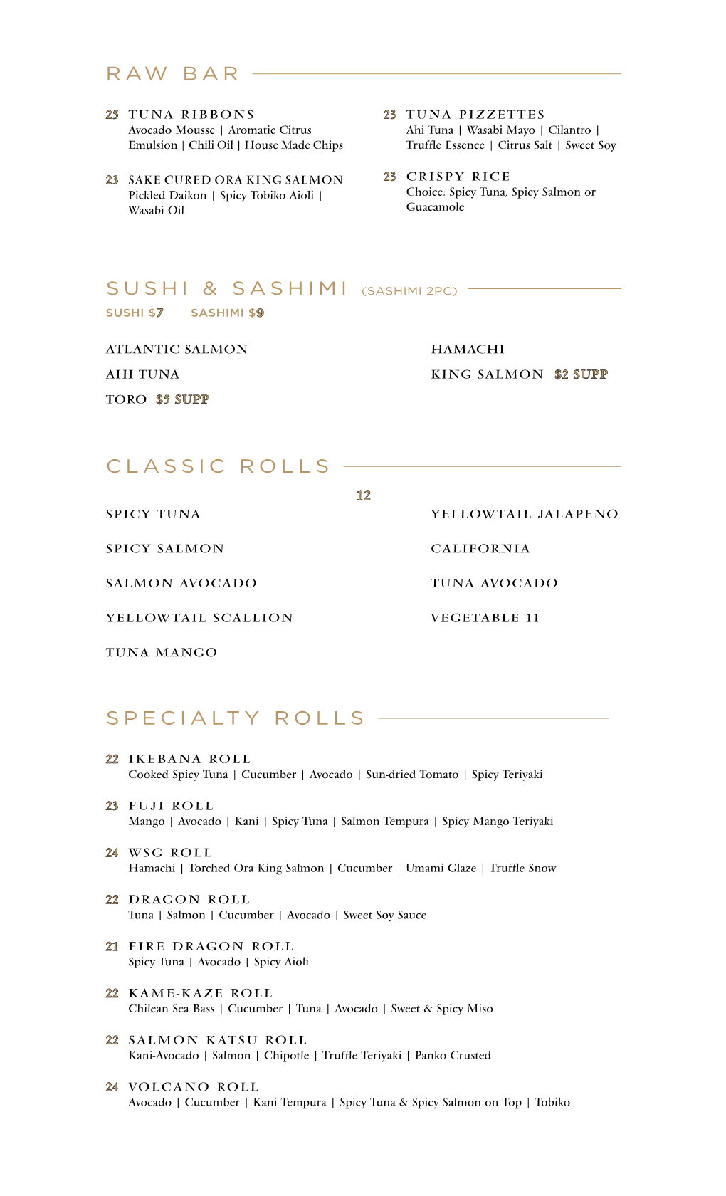Raw Bar Specialty Rolls Sushi & Sashimi