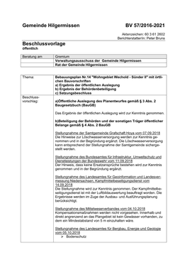Gemeinde Hilgermissen BV 57/2016-2021 Beschlussvorlage