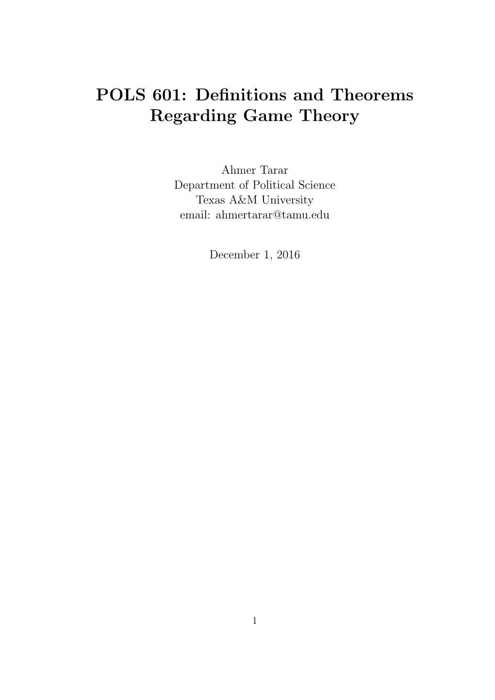 POLS 601: Definitions and Theorems Regarding Game Theory