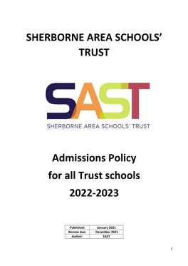 Admissions Policy for All Trust Schools 2022-2023