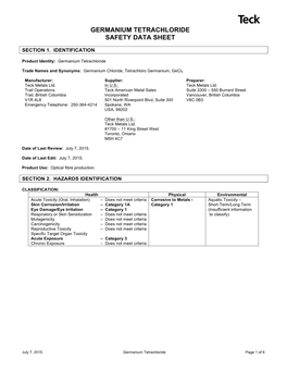 Germanium Tetrachloride Safety Data Sheet