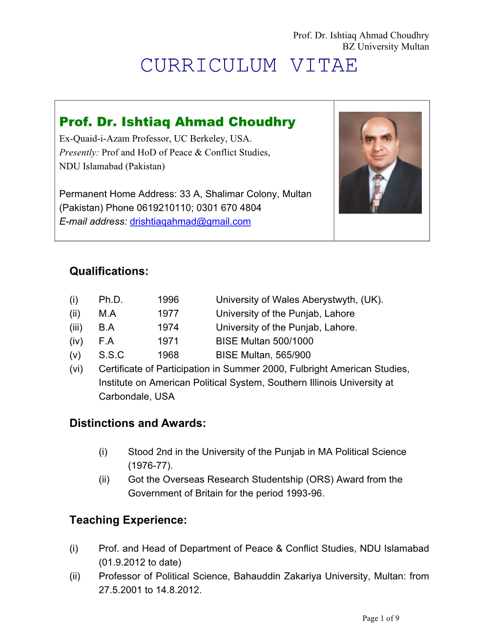 Prof. Dr. Ishtiaq Ahmad Choudhry BZ University Multan CURRICULUM VITAE