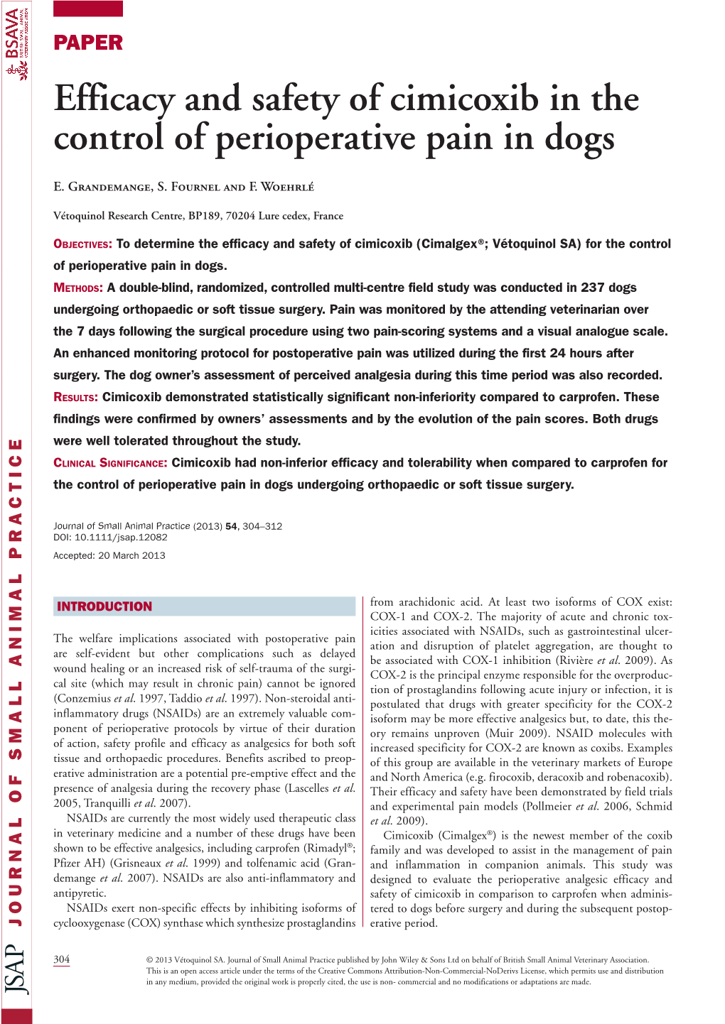 Efficacy and Safety of Cimicoxib in the Control of Perioperative Pain in Dogs