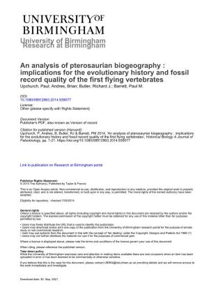 University of Birmingham an Analysis of Pterosaurian Biogeography