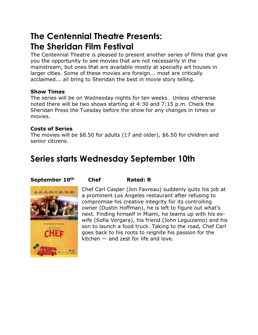 The Centennial Theatre Presents: the Sheridan Film Festival Series Starts