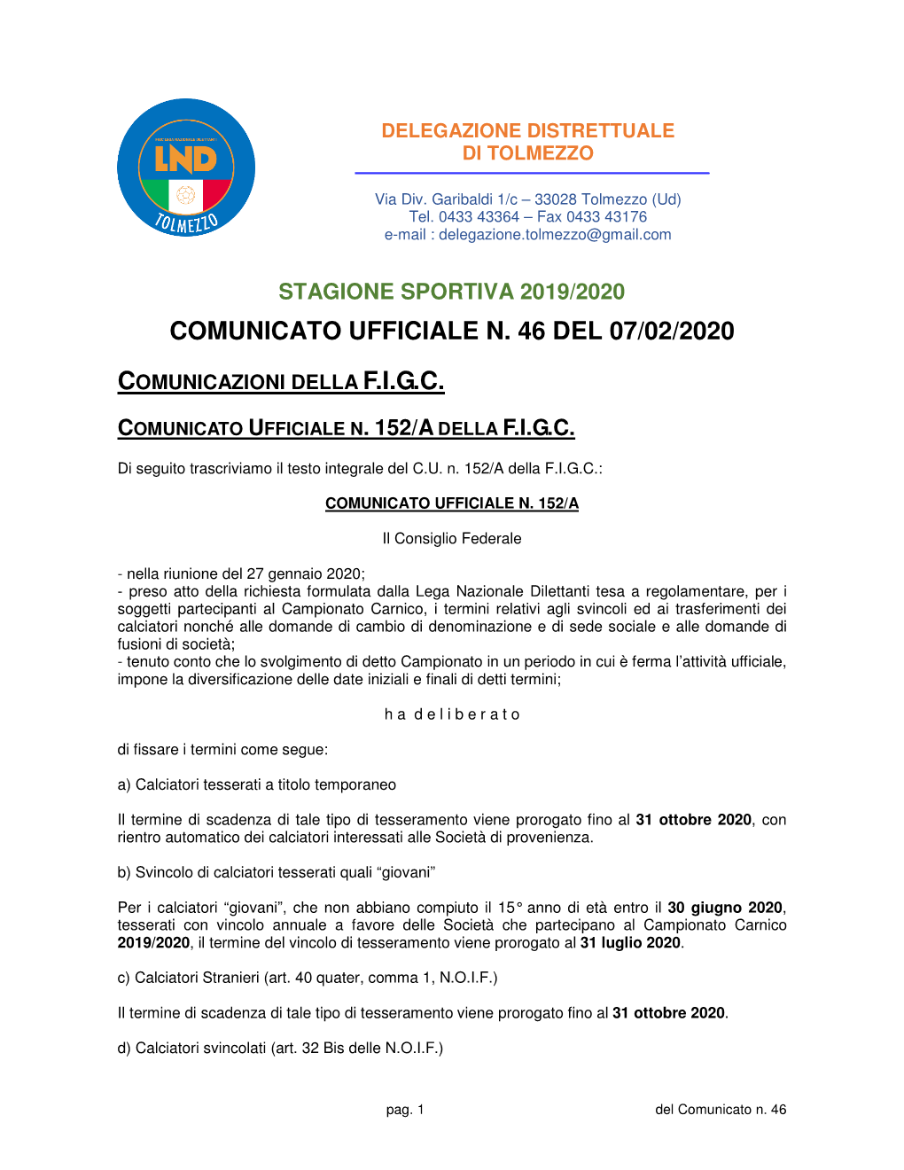 Comunicato Ufficiale N. 46 Del 07/02/2020