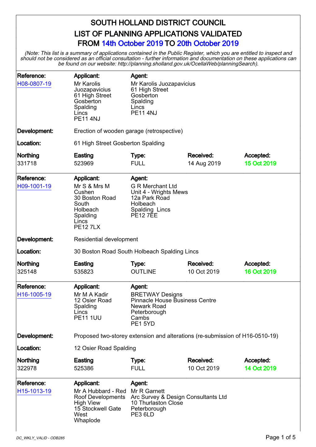 South Holland District Council List of Planning