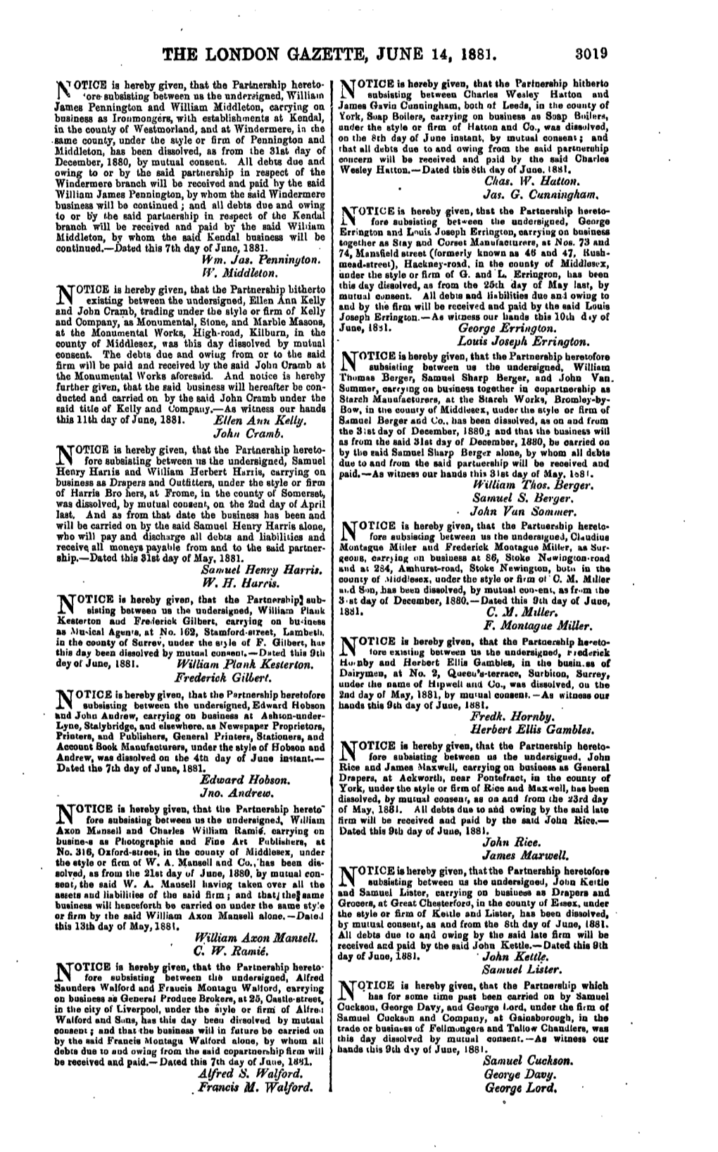 The London Gazette, June 14, 1881. 3019