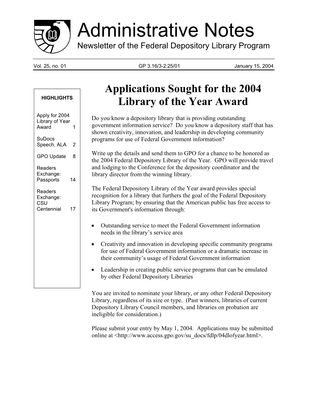Administrative Notes Newsletter of the Federal Depository Library Program