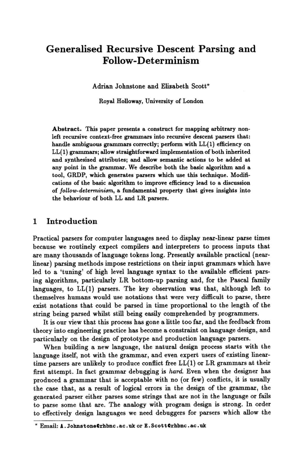 Generalised Recursive Descent Parsing and Follow-Determinism