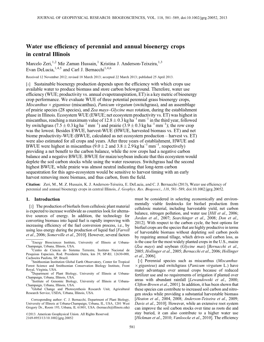 Water Use Efficiency of Perennial and Annual Bioenergy Crops in Central Illinois