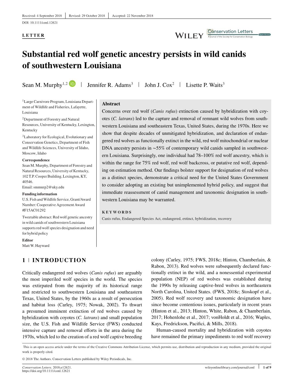 Substantial Red Wolf Genetic Ancestry Persists in Wild Canids of Southwestern Louisiana