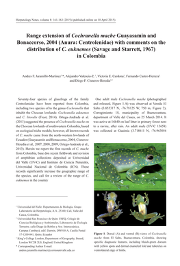 Anura: Centrolenidae) with Comments on the Distribution of C