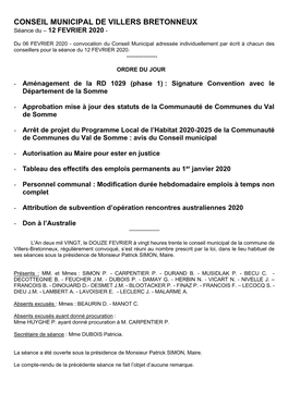 CONSEIL MUNICIPAL DE VILLERS BRETONNEUX Séance Du – 12 FEVRIER 2020