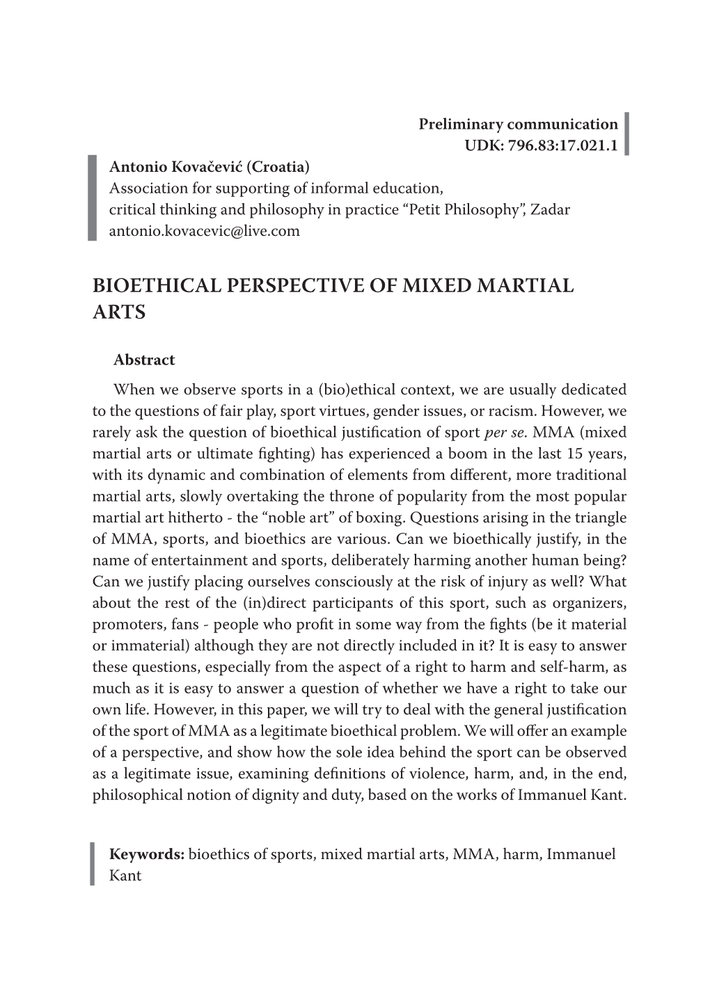 Bioethical Perspective of Mixed Martial Arts