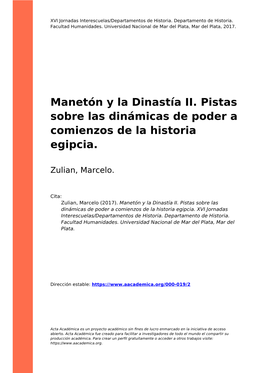 Manetón Y La Dinastía II. Pistas Sobre Las Dinámicas De Poder a Comienzos De La Historia Egipcia