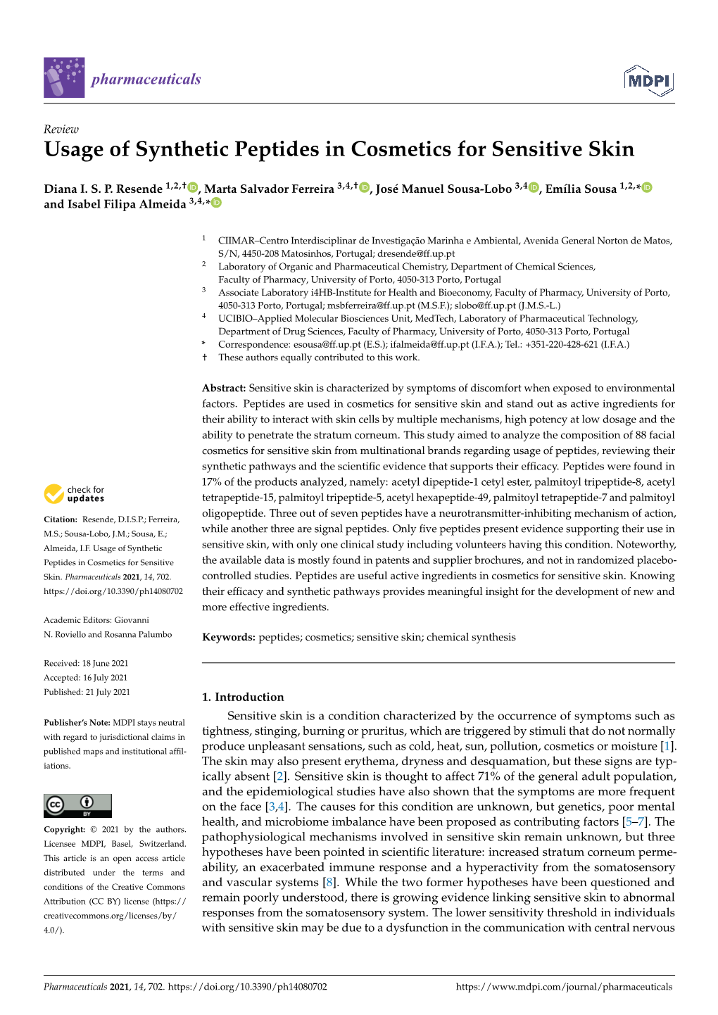 Usage of Synthetic Peptides in Cosmetics for Sensitive Skin