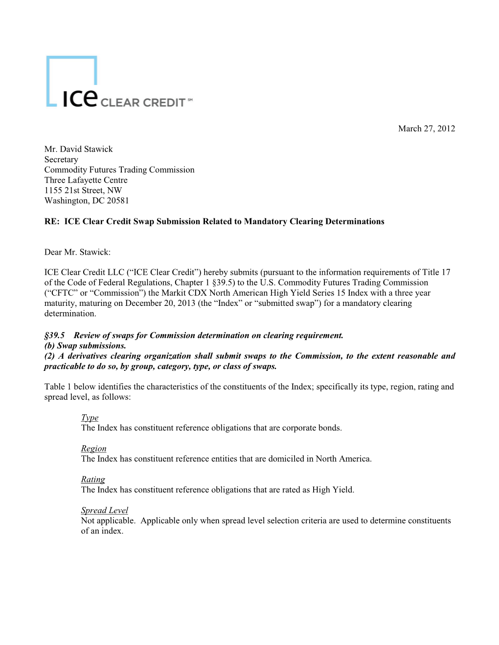 ICE Clear Credit Swap Submission 3-27-12