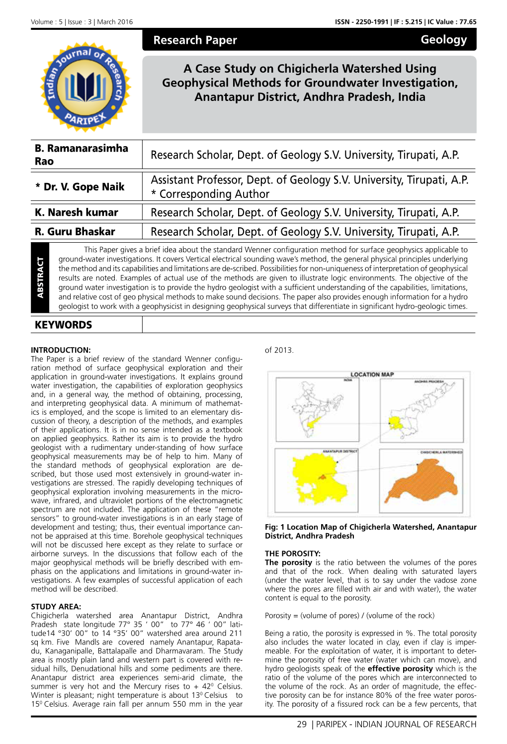 Research Paper a Case Study on Chigicherla Watershed Using