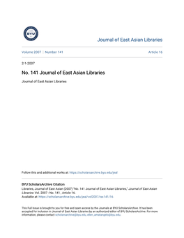 No. 141 Journal of East Asian Libraries