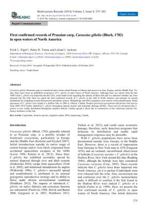 First Confirmed Records of Prussian Carp, Carassius Gibelio (Bloch, 1782) in Open Waters of North America