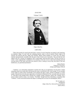 ANALYSIS “Ulalume” (1847) Edgar Allan Poe (1809-1849)
