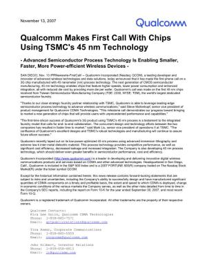 Qualcomm Makes First Call with Chips Using TSMC's 45 Nm Technology