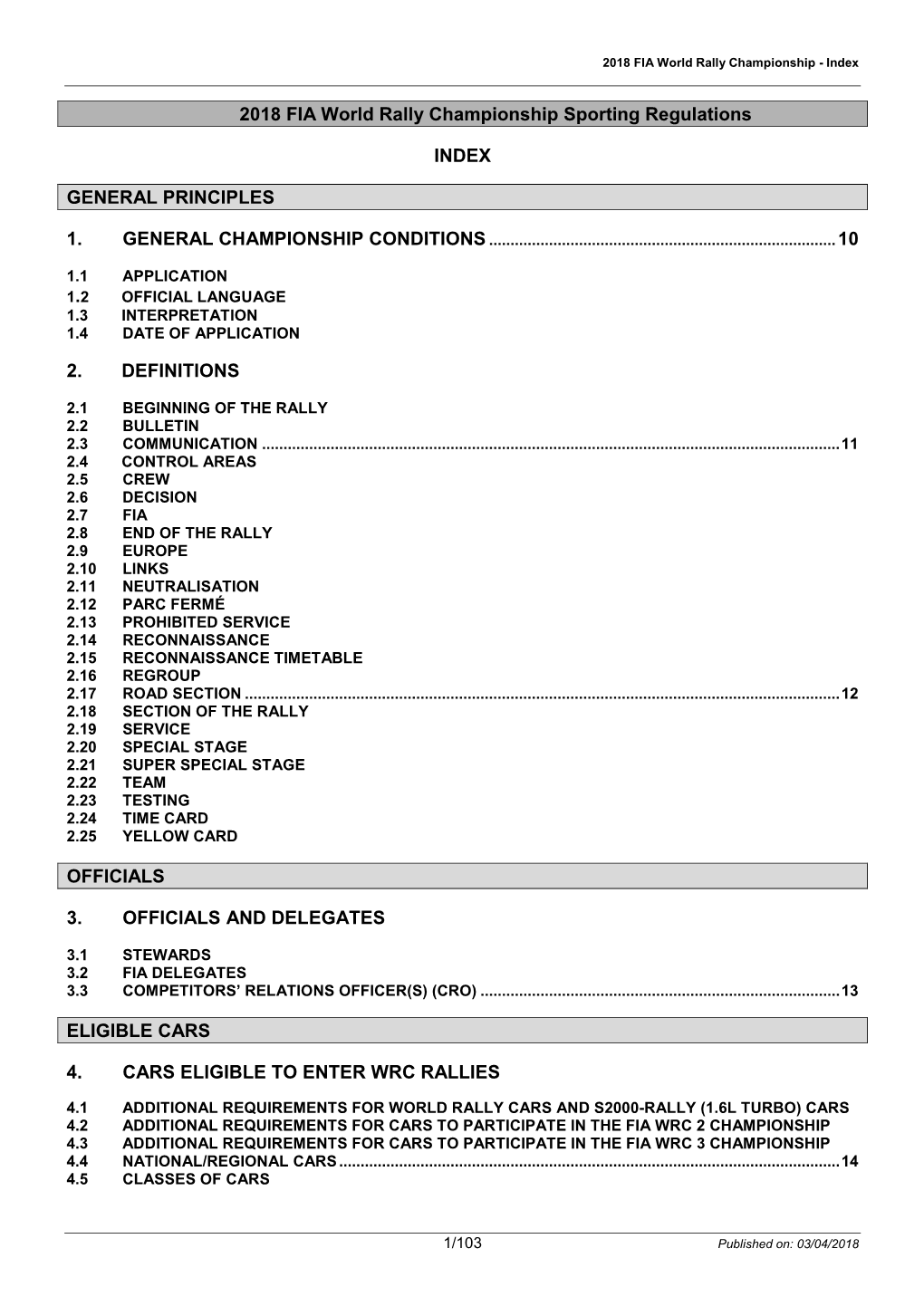 2018 FIA World Rally Championship Sporting Regulations INDEX