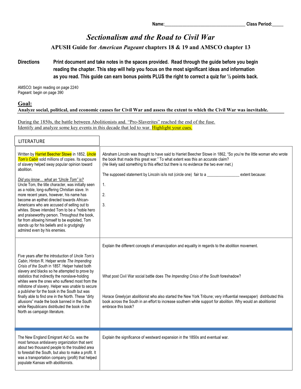 Sectionalism and the Road to Civil War APUSH Guide for American Pageant Chapters 18 & 19 and AMSCO Chapter 13