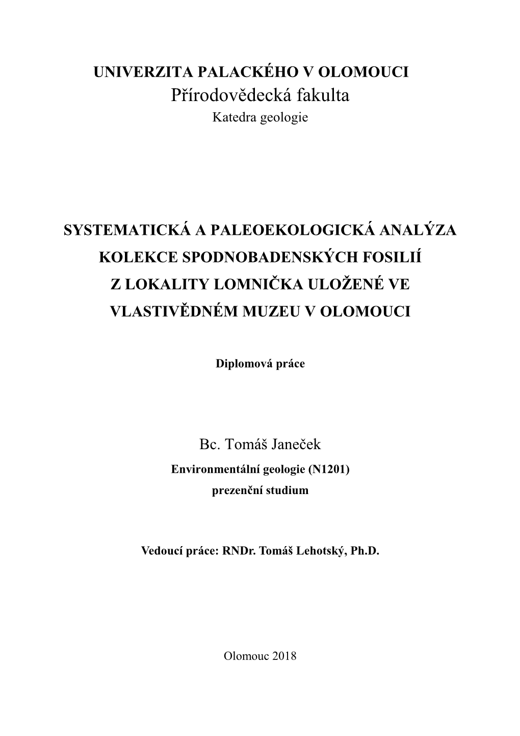 Přírodovědecká Fakulta Katedra Geologie