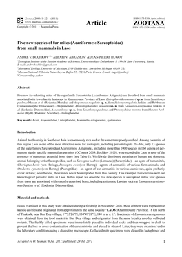 Acariformes: Sarcoptoidea) from Small Mammals in Laos